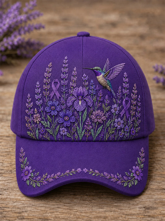 Chapeau de soutien à la sensibilisation à la maladie d’Alzheimer, unisexe, à imprimé floral violet et colibri