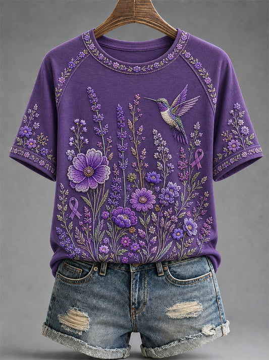 T-shirt de soutien à la sensibilisation à la maladie d’Alzheimer pour femmes, imprimé floral violet et colibris