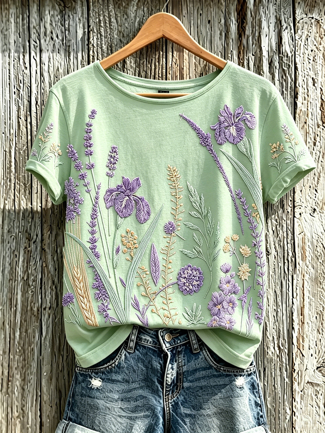 T-shirt décontracté pour femme à imprimé fleurs violette sur fond de plantes