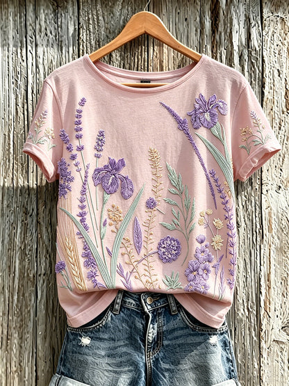 T-shirt décontracté pour femme à imprimé fleurs violette sur fond de plantes