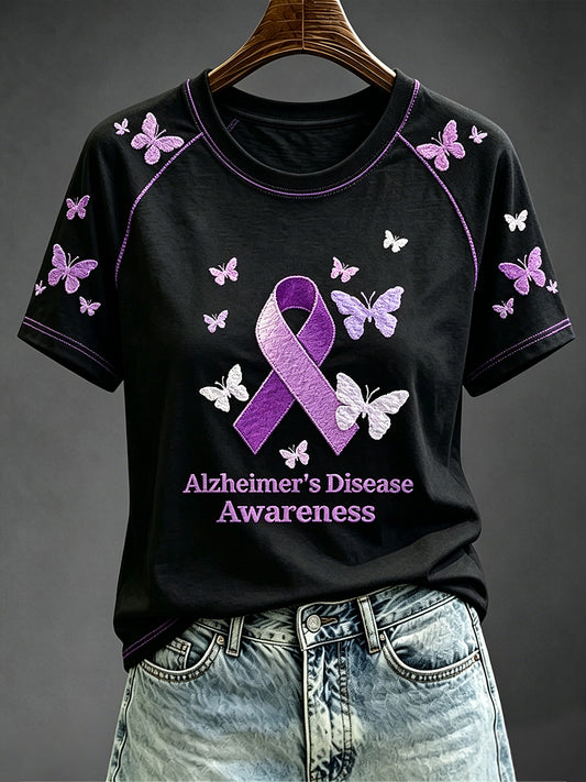 T-shirt col rond à manches contrastées imprimé violet ruban pour femme