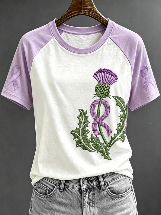 T-shirt Femme Violet Ruban Écossais Chardon Imprimé Manches Contrastées Col Rond