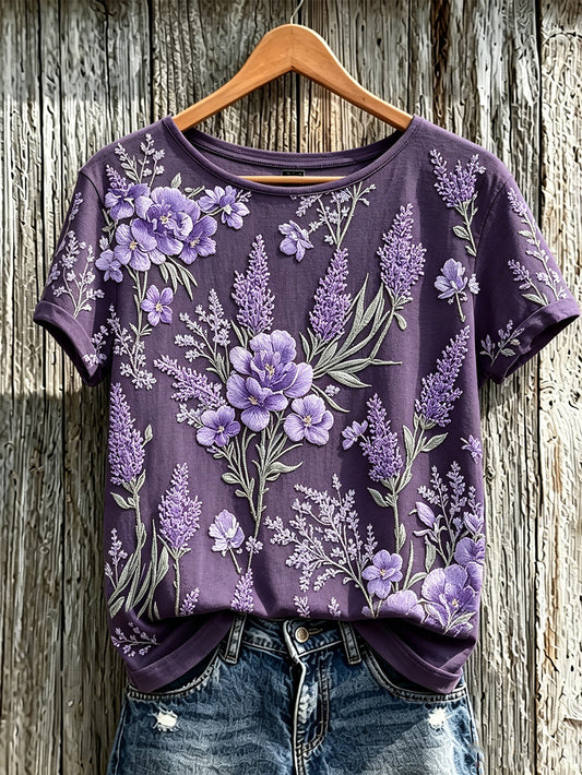 T-shirt décontracté à manches courtes pour femme, imprimé motif plantes et fleurs violet