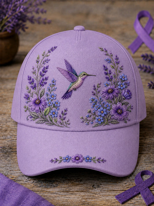 Chapeau de soutien à la sensibilisation à la maladie d’Alzheimer, unisexe, à imprimé floral violet et colibri
