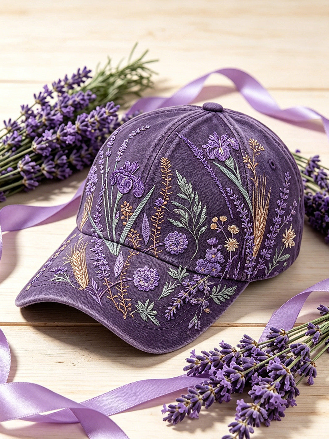 Chapeau unisexe pour femme à imprimé fleurs violette sur fond végétal