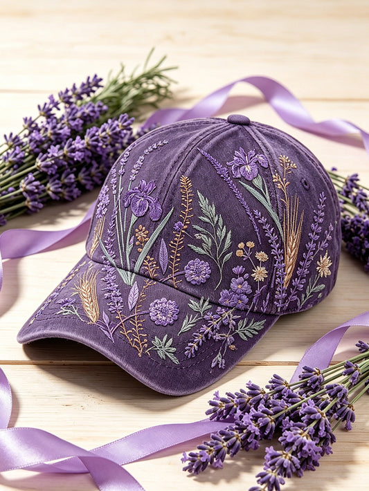 Chapeau unisexe pour femme à imprimé fleurs violette sur fond végétal