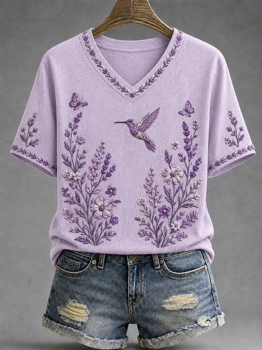 T-shirt à col en V pour femmes, imprimé floral violet et colibris, en soutien à la sensibilisation à la maladie d’Alzheimer