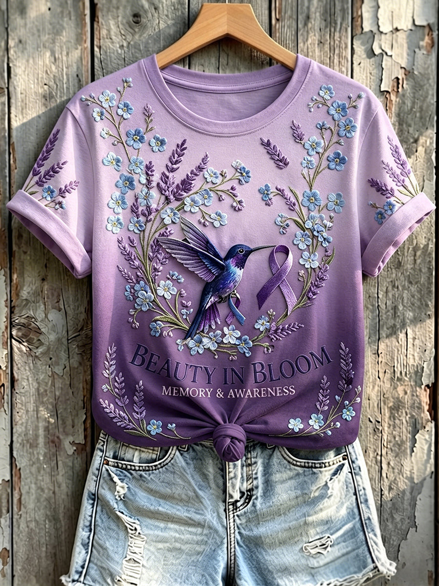 T-shirt à manches courtes pour femmes, motif colibri et ruban violet de la mémoire et de la sensibilisation
