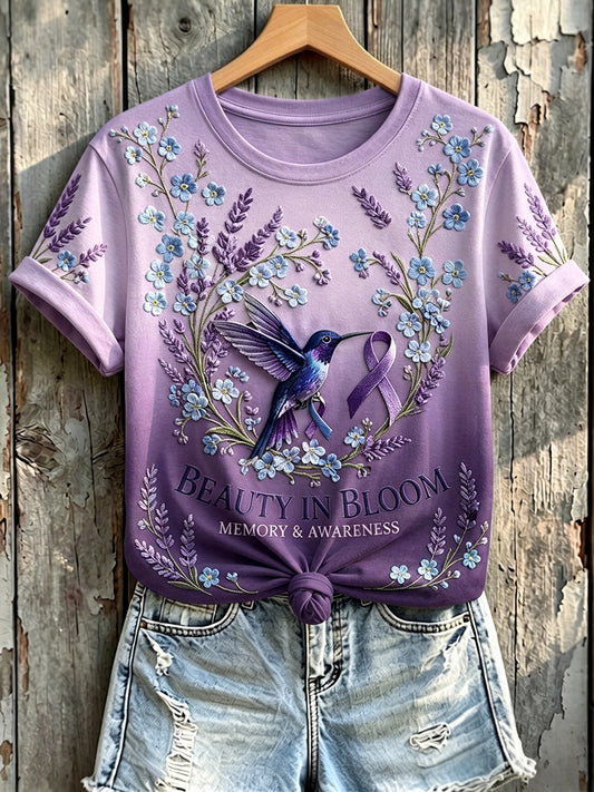 T-shirt à manches courtes pour femmes, motif colibri et ruban violet de la mémoire et de la sensibilisation