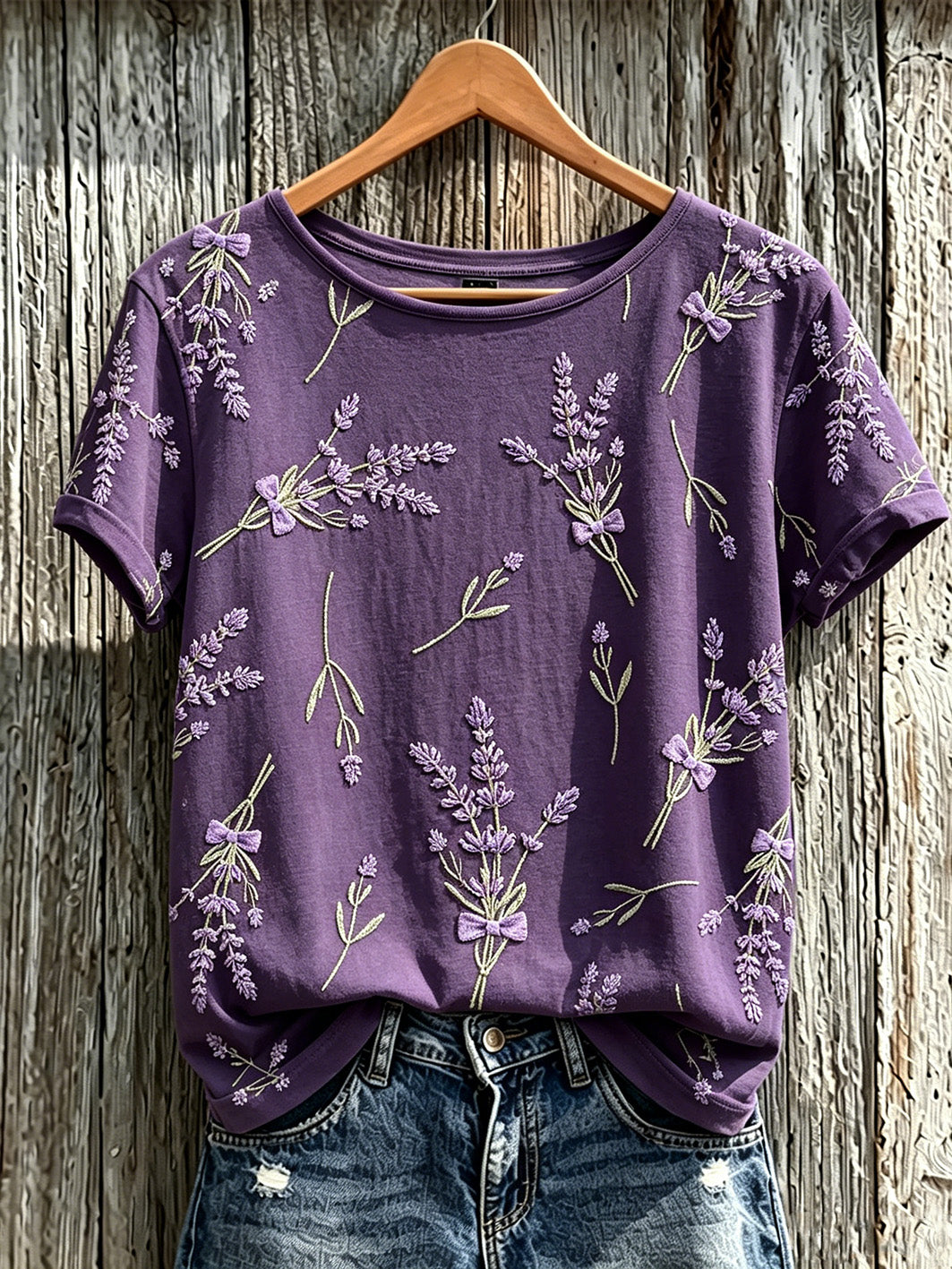 T-shirt décontracté à manches courtes pour femme, imprimé motif plantes et fleurs violet
