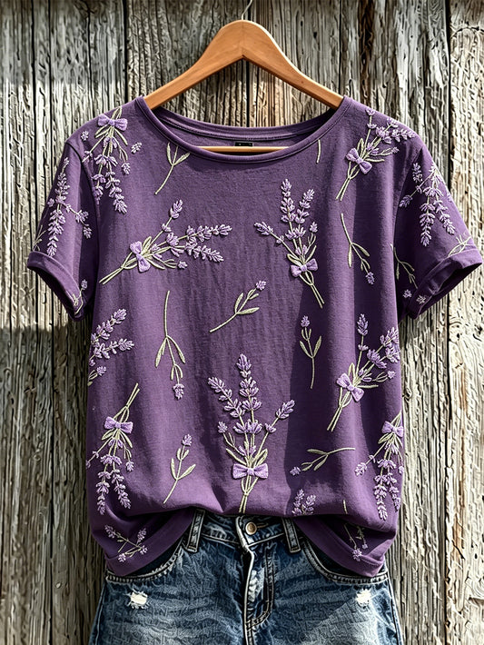 T-shirt décontracté à manches courtes pour femme, imprimé motif plantes et fleurs violet