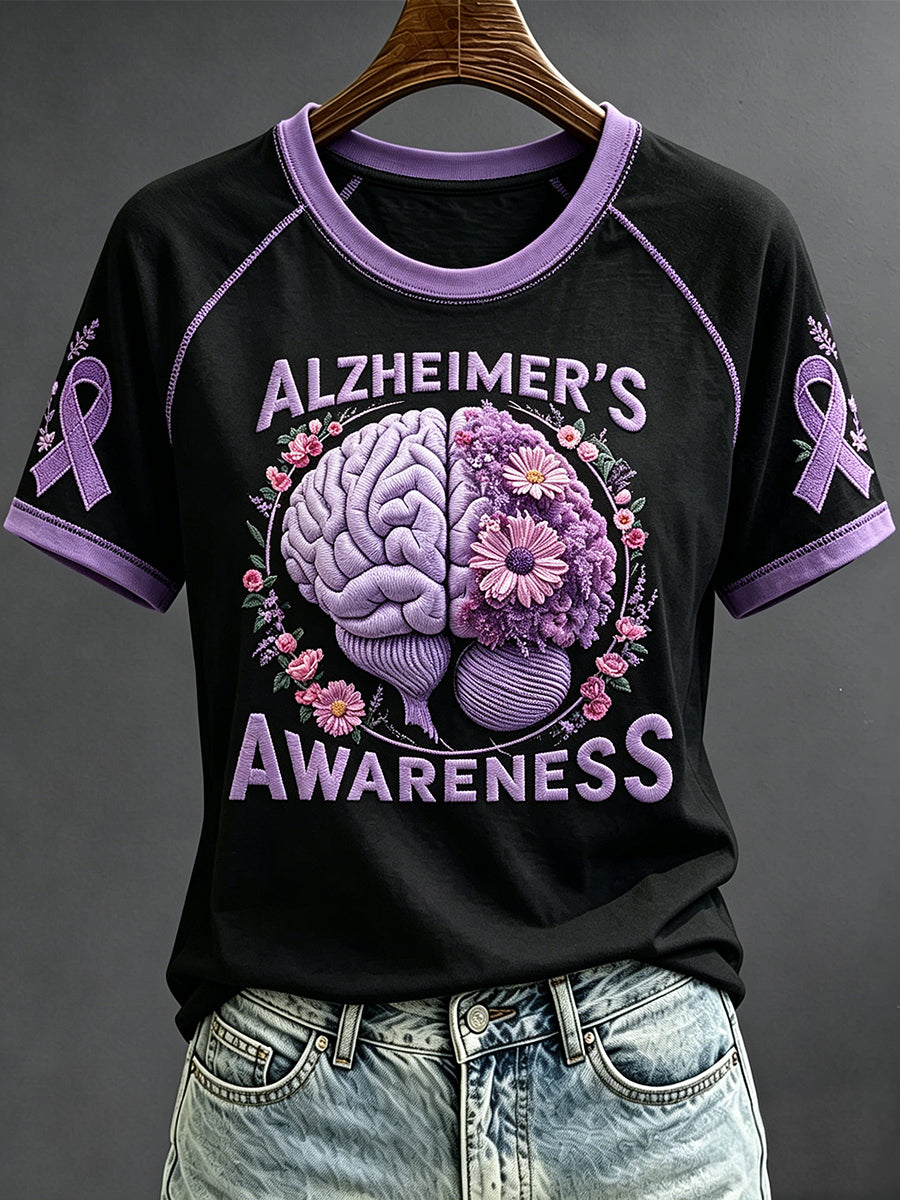 T-shirt à manches courtes col rond imprimé à ruban violet pour femme