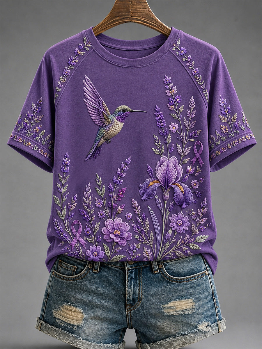 T-shirt de soutien à la sensibilisation à la maladie d’Alzheimer pour femmes, imprimé floral violet et colibris