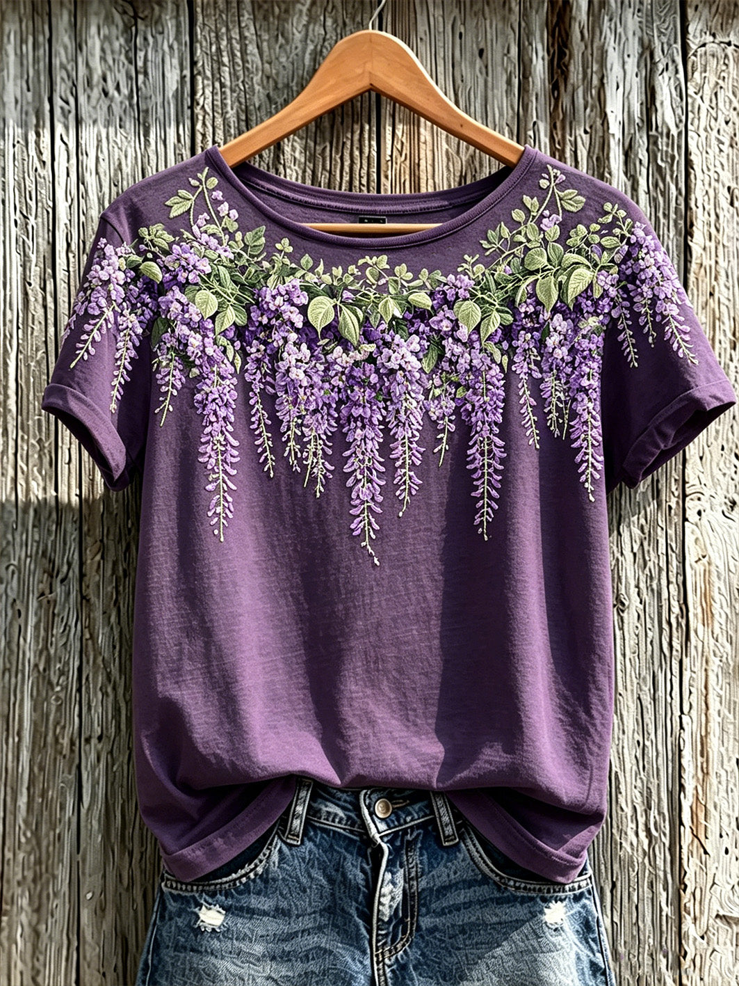 T-shirt à manches courtes décontracté à motif de fleurs violettes pour femmes