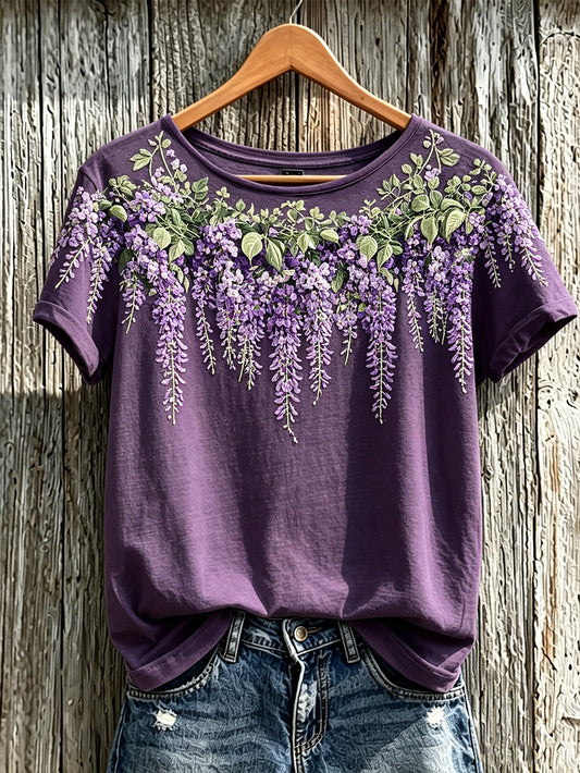 T-shirt à manches courtes décontracté à motif de fleurs violettes pour femmes