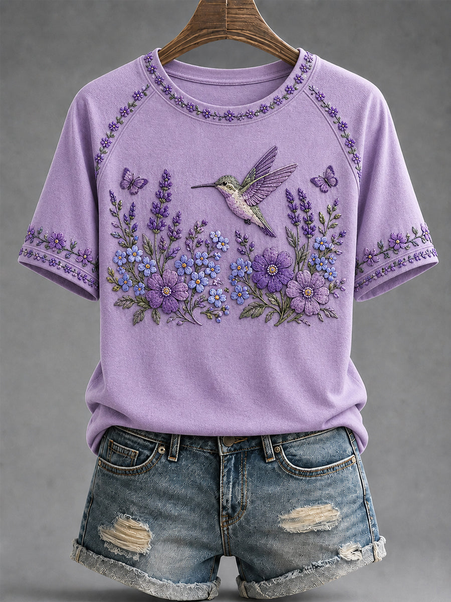 T-shirt de soutien à la sensibilisation à la maladie d’Alzheimer pour femmes, imprimé floral violet et colibris