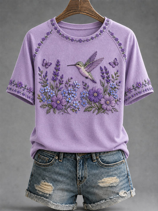 T-shirt de soutien à la sensibilisation à la maladie d’Alzheimer pour femmes, imprimé floral violet et colibris
