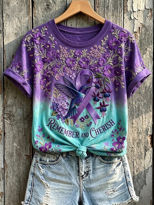 T-shirt femme à manches courtes à imprimé colibri et à ruban violet
