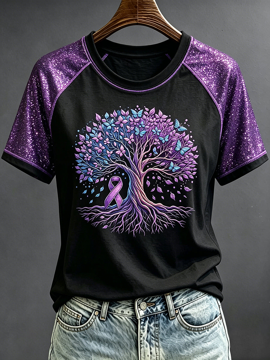 Femmes Violet Ruban Arbre Glitter Art Imprimer Col Rond À Manches Courtes T-shirt