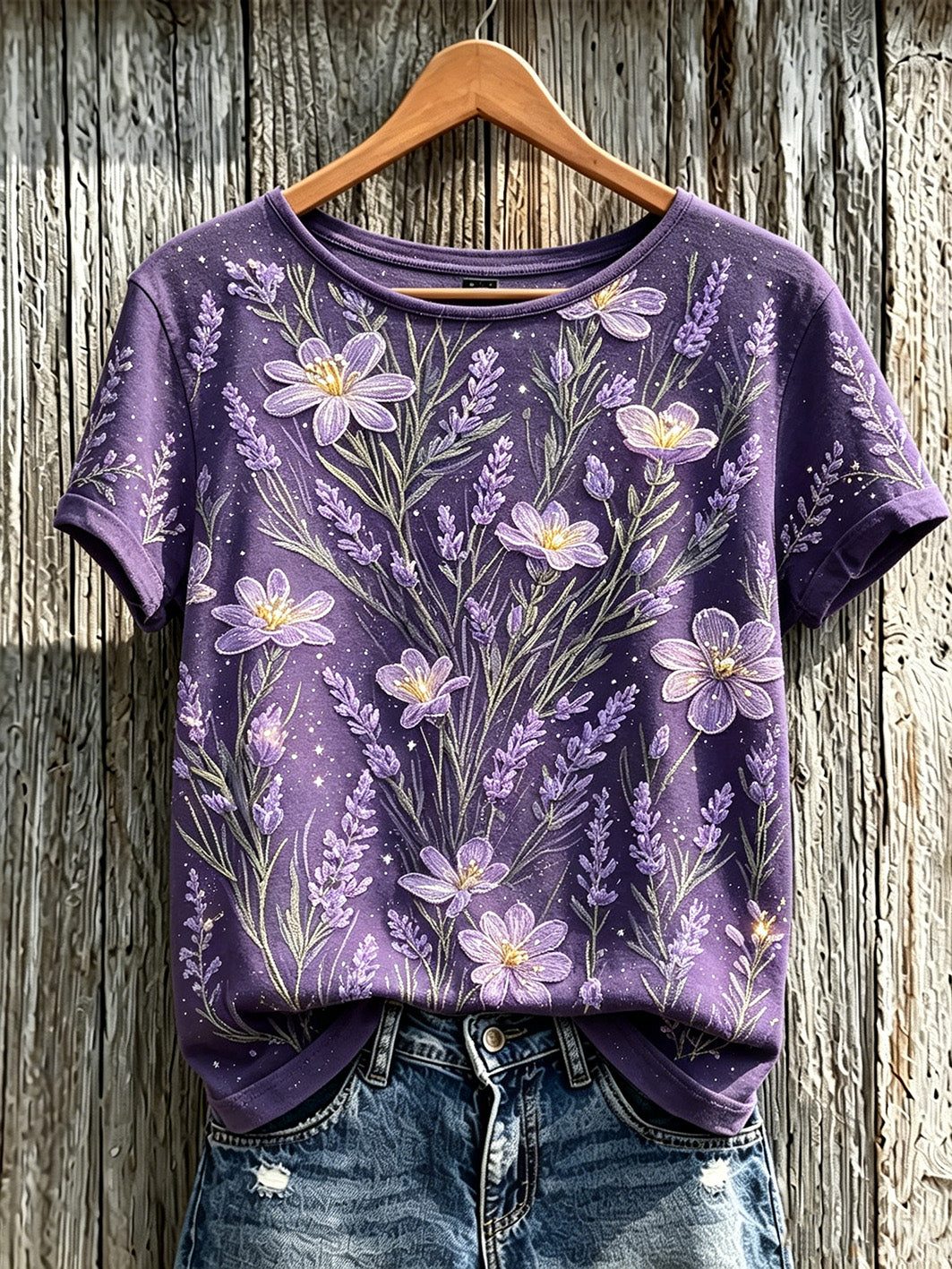 T-shirt décontracté à manches courtes pour femme, imprimé motif plantes et fleurs violet