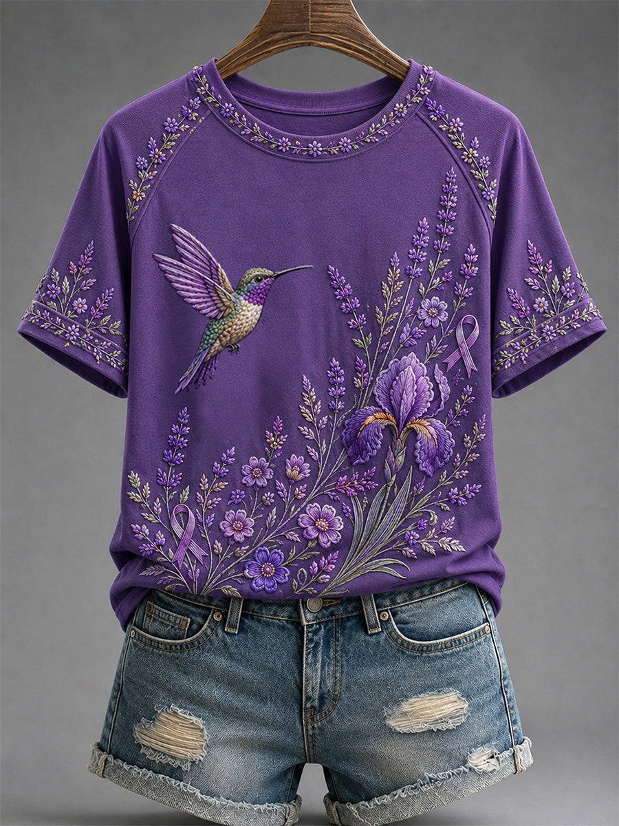 T-shirt de soutien à la sensibilisation à la maladie d’Alzheimer pour femmes, imprimé floral violet et colibris