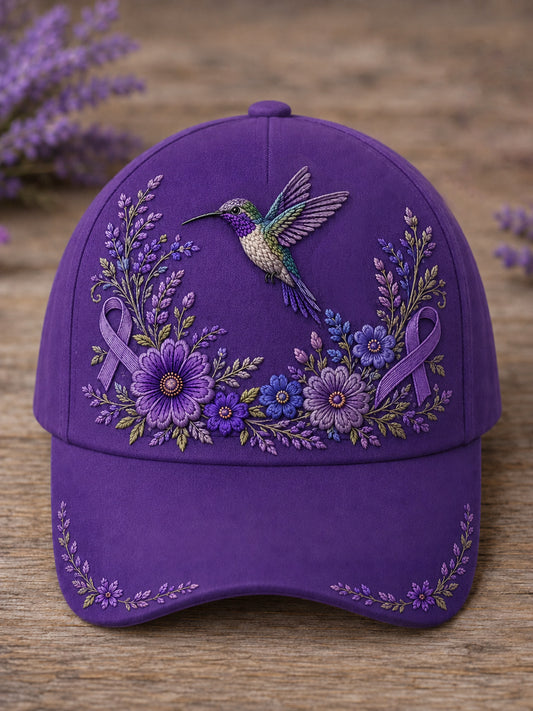 Chapeau de soutien à la sensibilisation à la maladie d’Alzheimer, unisexe, à imprimé floral violet et colibri