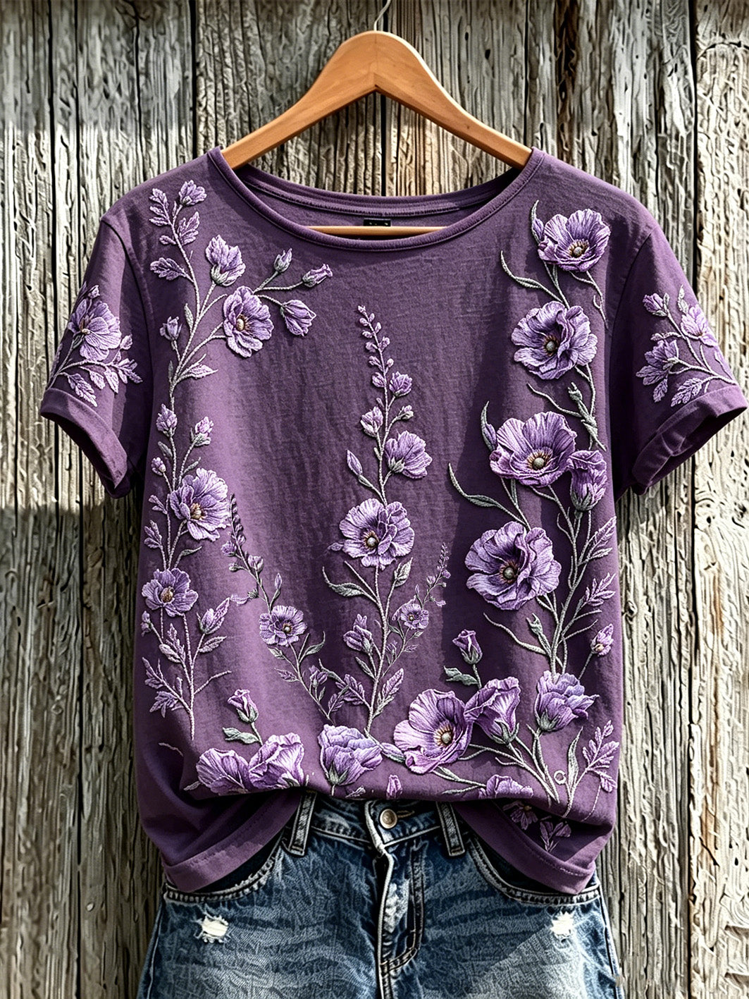T-shirt décontracté à manches courtes pour femme, imprimé motif plantes et fleurs violet