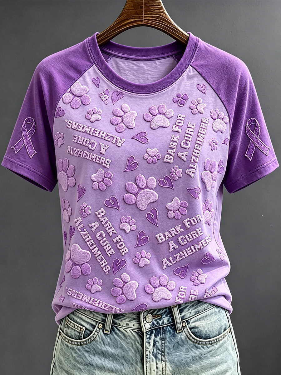 Femmes Alzheimer Paws Violet Ruban Imprimé Col Rond Manches Courtes T-shirt