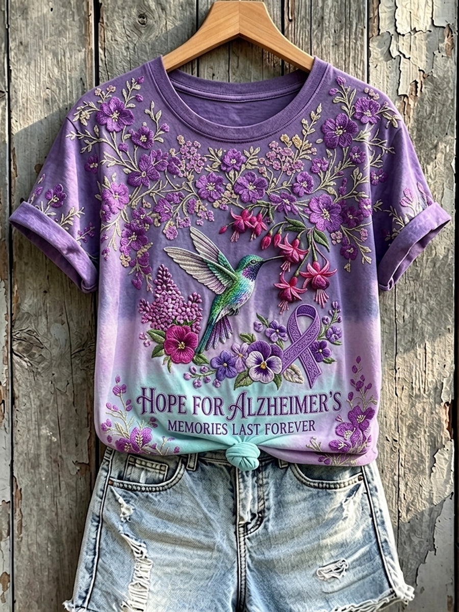 Memories Last Forever T-shirt à manches courtes violet imprimé colibri pour femme