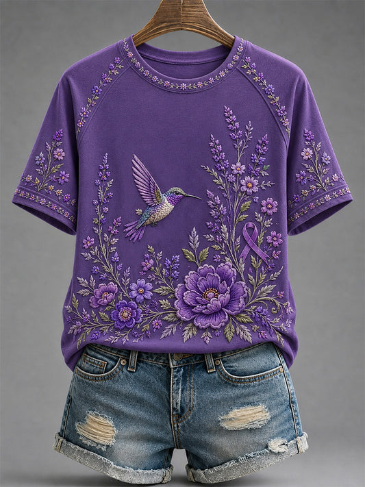 T-shirt de soutien à la sensibilisation à la maladie d’Alzheimer pour femmes, imprimé floral violet et colibris
