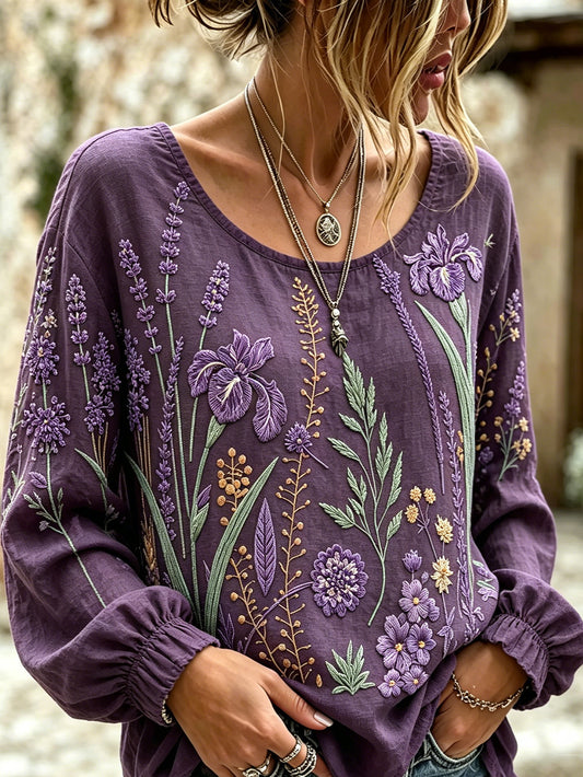 Chemise décontractée en coton-lin pour femme, imprimée de motifs floraux violets