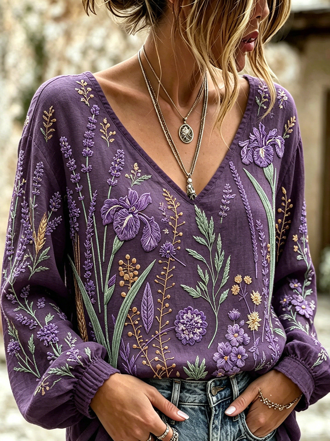 Chemise décontractée en coton-lin pour femme, imprimée de motifs floraux violets