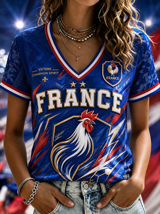 T-shirt à col en V commémoratif patriotique français pour femmes