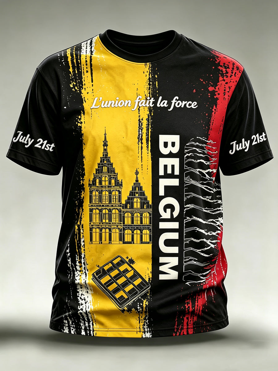 T-shirt vintage à manches courtes, ample, imprimé, à la mode, pour la fête nationale de la Belgique, pour hommes