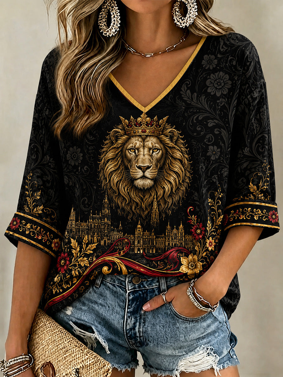 T-shirt décontracté à col en V pour femme, imprimé Belgique