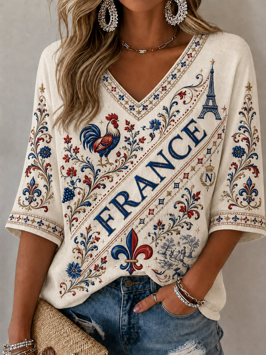 T-shirt femme France Lover mi-long à manches et col en V