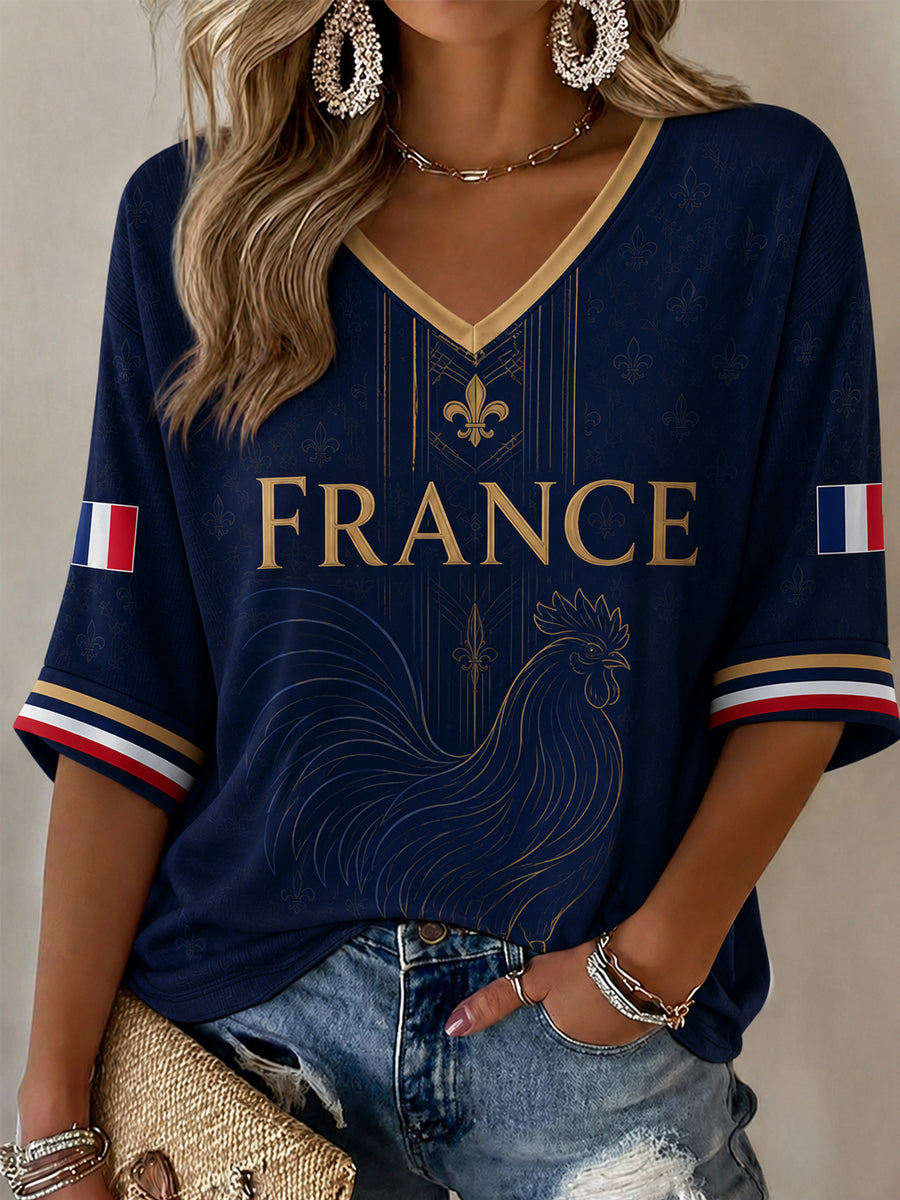 T-shirt femme décontracté à imprimé français, manches mi-longues et col en V