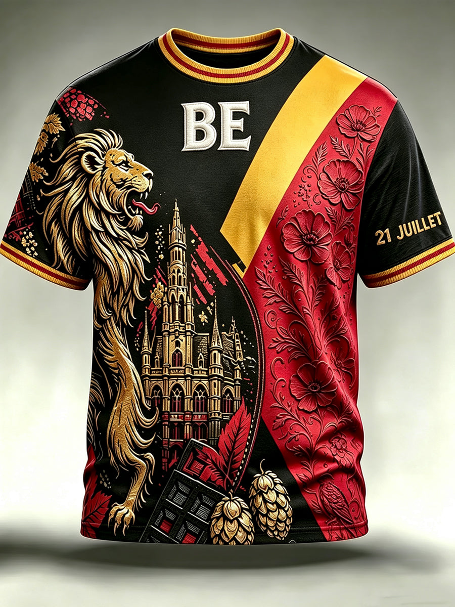 T-shirt vintage à manches courtes, ample, imprimé, à la mode, pour la fête nationale de la Belgique, pour hommes