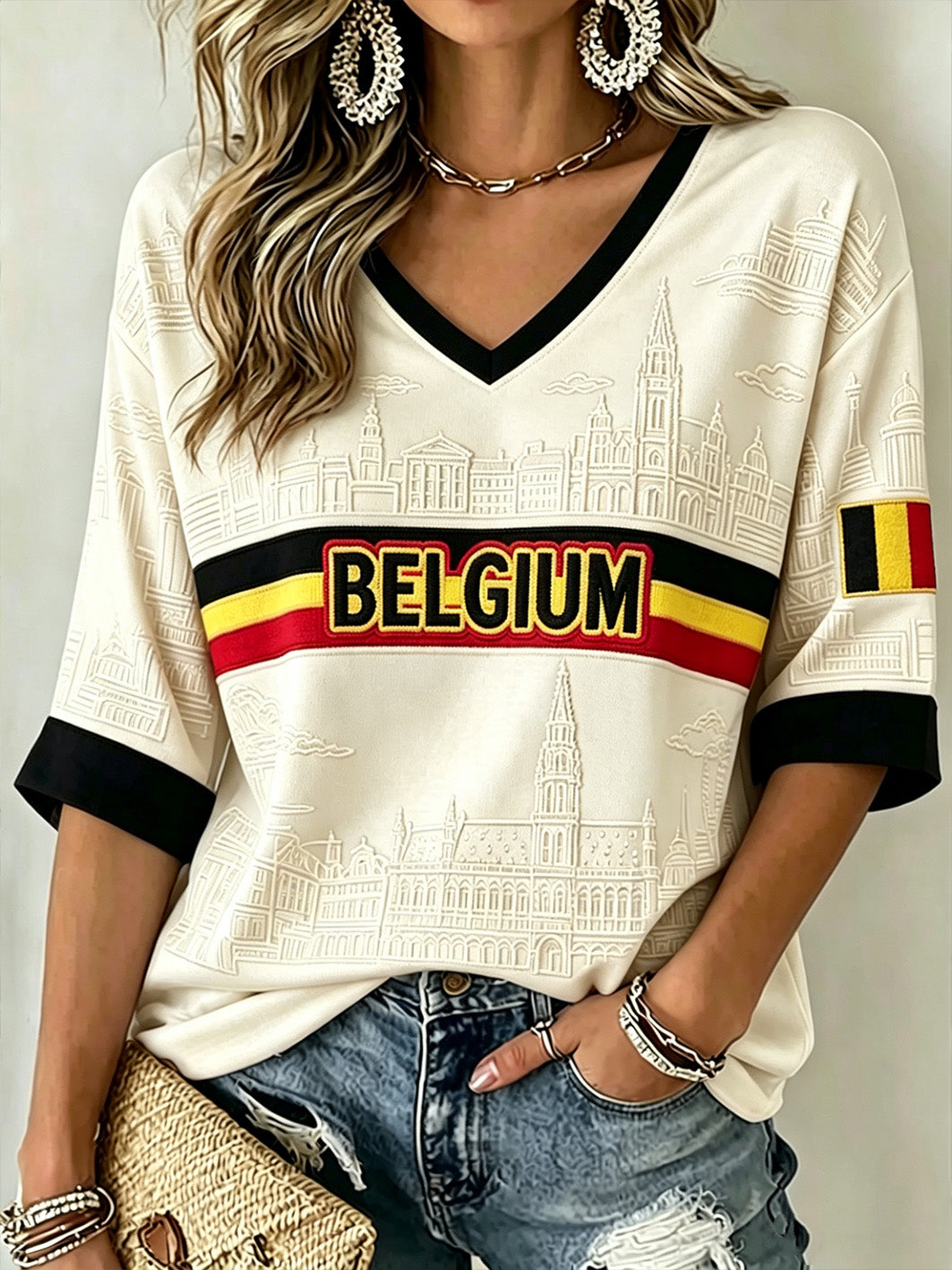 T-shirt col en V décontracté à manches mi-longues pour femmes, style belge