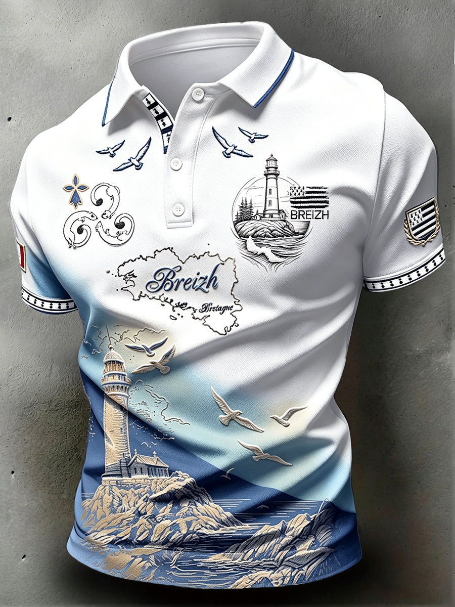 Polo décontracté pour homme, imprimé dégradé représentant un phare breton vintage