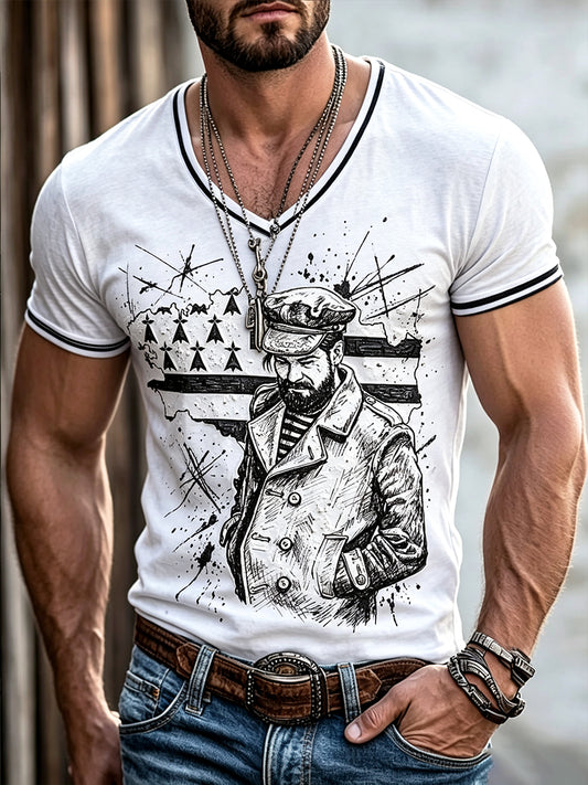 T-shirt décontracté à col en V pour homme, blanc, style breton, avec imprimé graffiti