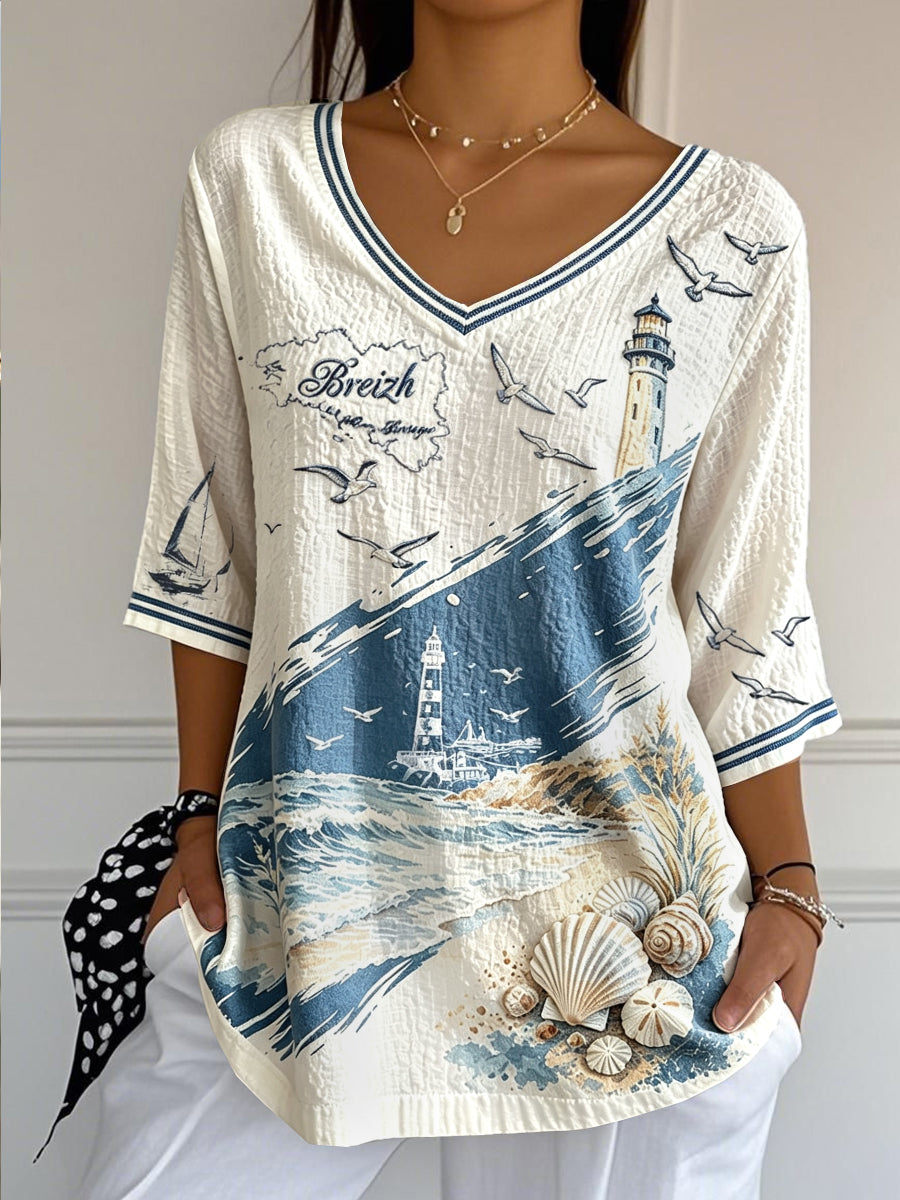 T-shirt femme en coton-lin, décontracté et tendance pour l’été, avec imprimé bord de mer de Bretagne et col en V
