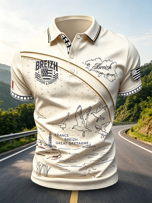 Polo décontracté vintage beige pour homme, imprimé Bretagne française