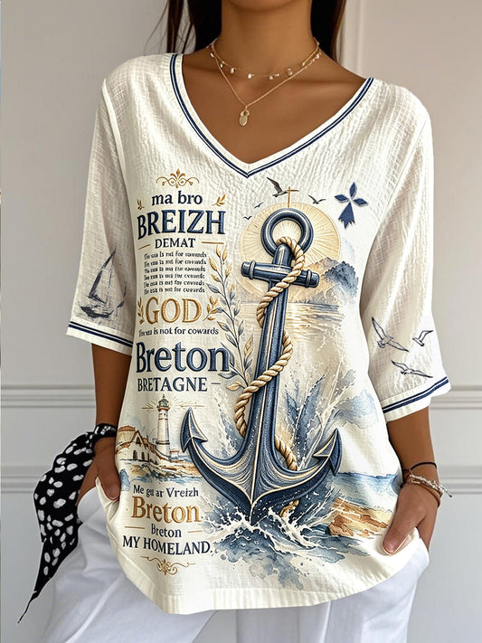 T-shirt d’été léger pour femme en coton-lin, col en V, imprimé breton français blanc cassé
