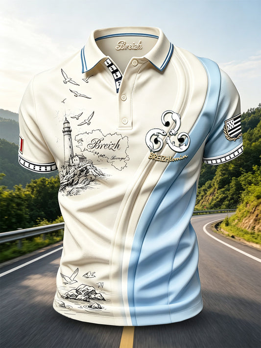 Polo décontracté pour homme, style vintage, motif patchwork avec phare de Bretagne, France