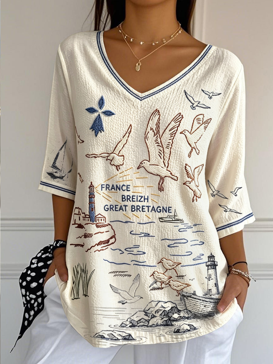 T-shirt femme léger en coton-lin, col en V, style décontracté, imprimé graffiti breton vintage français