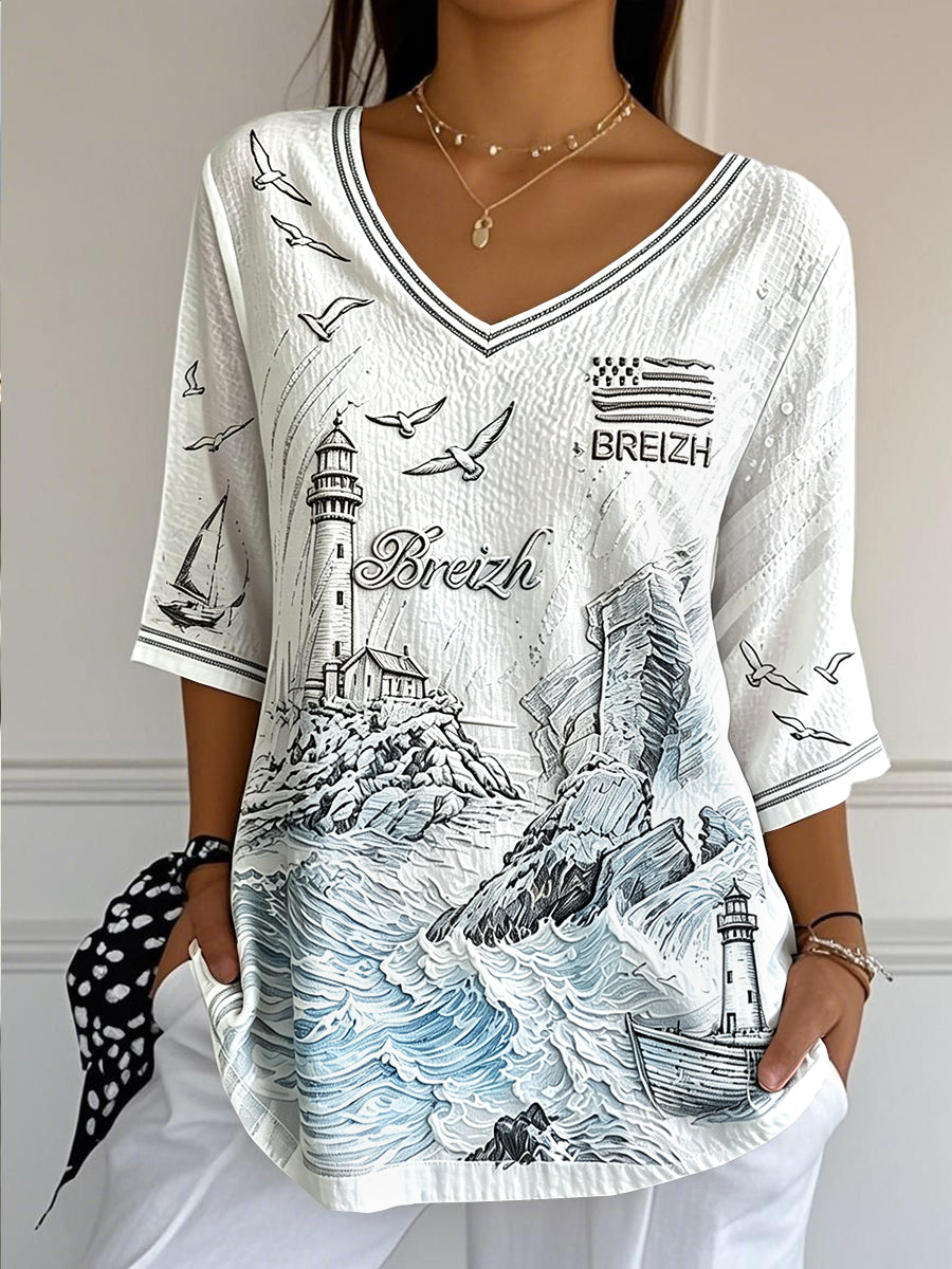 Femmes Blanc Breton Phare Imprimer Cool D'été Coton-Lin V-cou T-shirt
