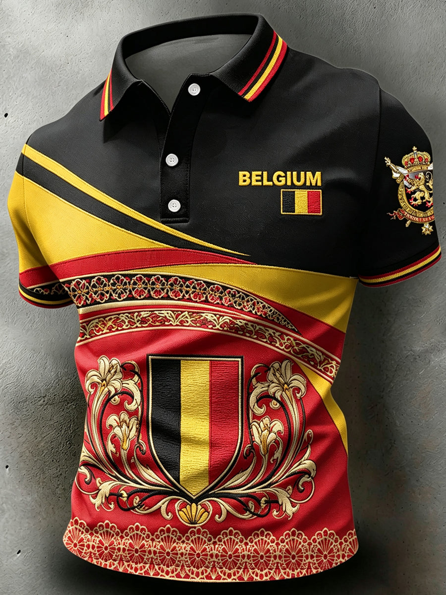 Polo imprimé à col pour la fête nationale de la Belgique, manches courtes, décontracté pour homme