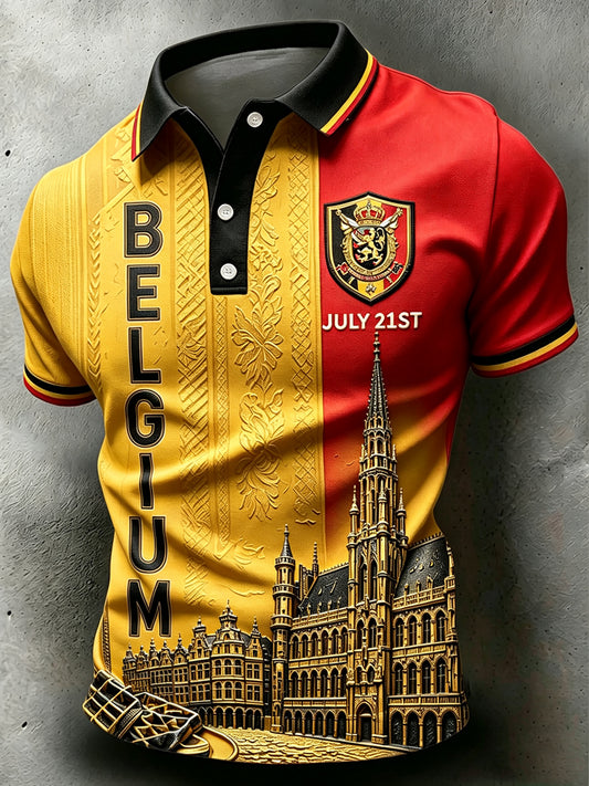 Polo imprimé à col pour la fête nationale de la Belgique, manches courtes, décontracté pour homme