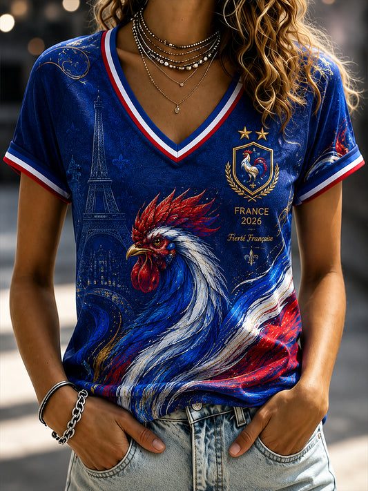 T-shirt femme à col en V et épaules dénudées, manches courtes, commémoratif patriotique français